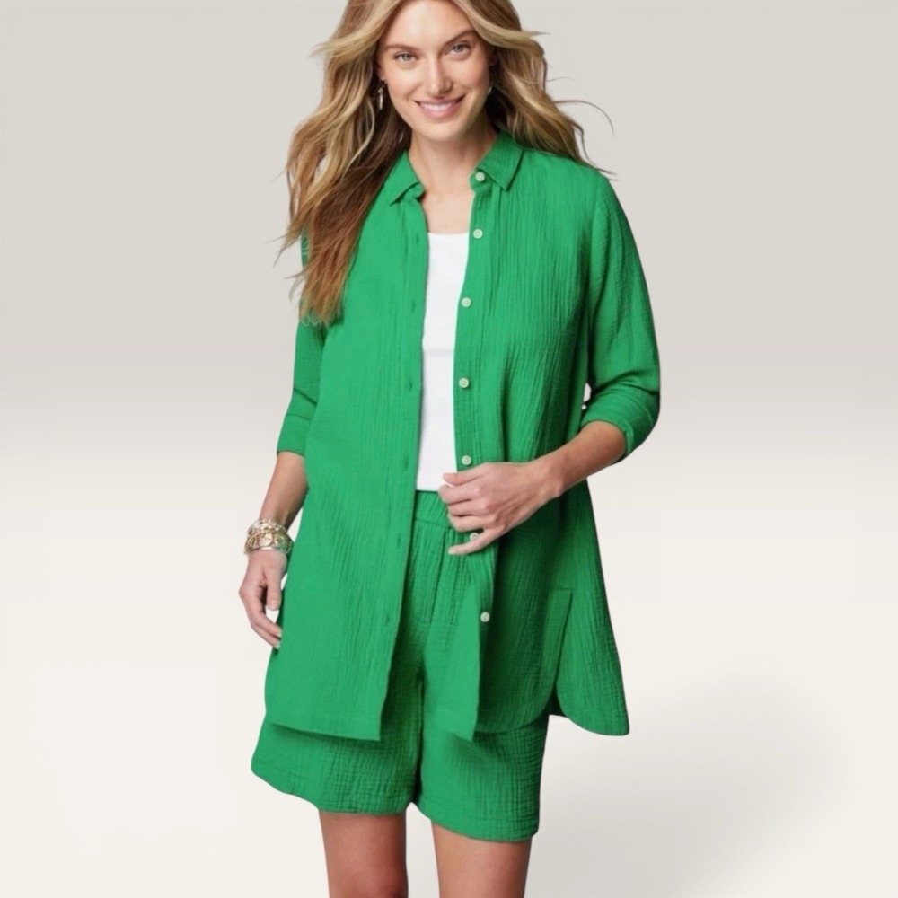 J Jill Green Gauze Shorts Set Tunic L Petite / Large Crinkle Gauzy Matching